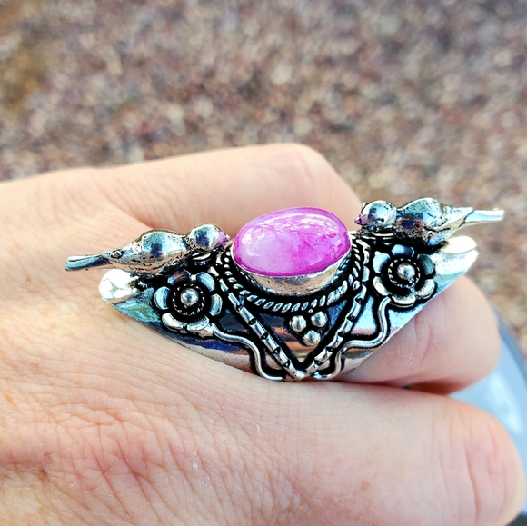 New Pink Rainbow Moonstone 925 Silver Birds Statement Ring. - Picture 3 of 16